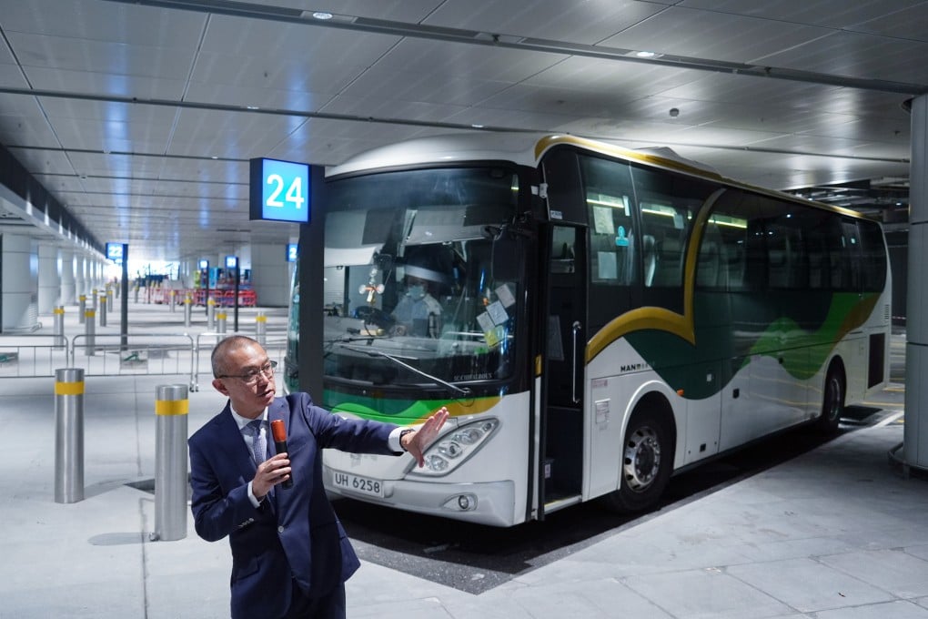 Airport Authority executive director Steven Yiu speaks to the media at the new coach hall of Hong Kong International Airport’s revamped Terminal 2. Photo: Eugene Lee