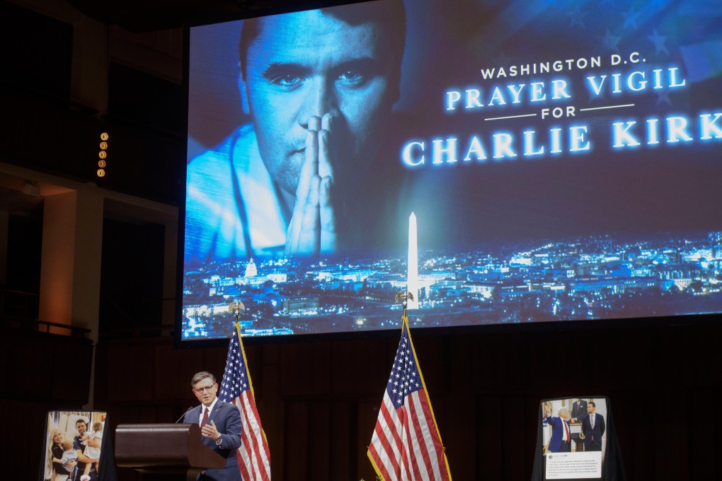 Speaker of the House Mike Johnson speaks during a memorial and prayer vigil for Charlie Kirk at the Kennedy Centre in Washington on Sunday. Photo: AP