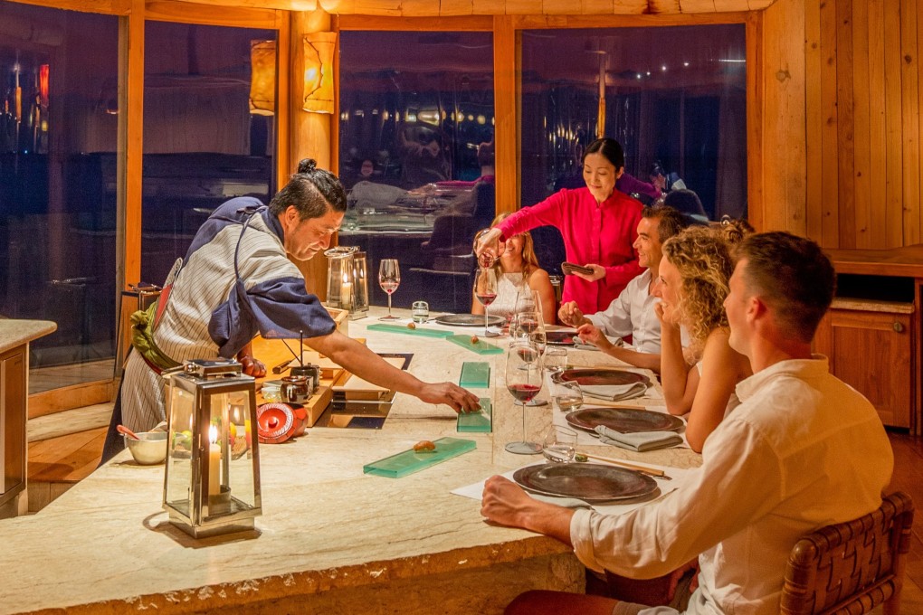 Guests enjoy a meal at a Japanese restaurant at Soneva Fushi, which won the Art of Hospitality Award in the World’s 50 Best Hotels 2025 ranking. Photo: Soneva Fushi