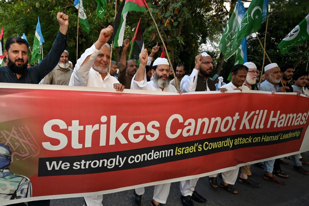 Pakistani activists march in Islamabad on Wednesday to protest against Israel’s air strikes on Qatar. Pakistan has called for a joint task force in response to the strikes. Photo: AFP