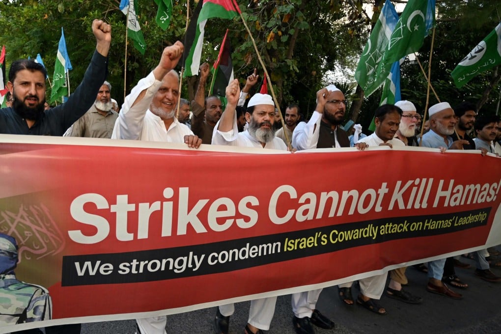 Pakistani activists march in Islamabad on Wednesday to protest against Israel’s air strikes on Qatar. Pakistan has called for a joint task force in response to the strikes. Photo: AFP