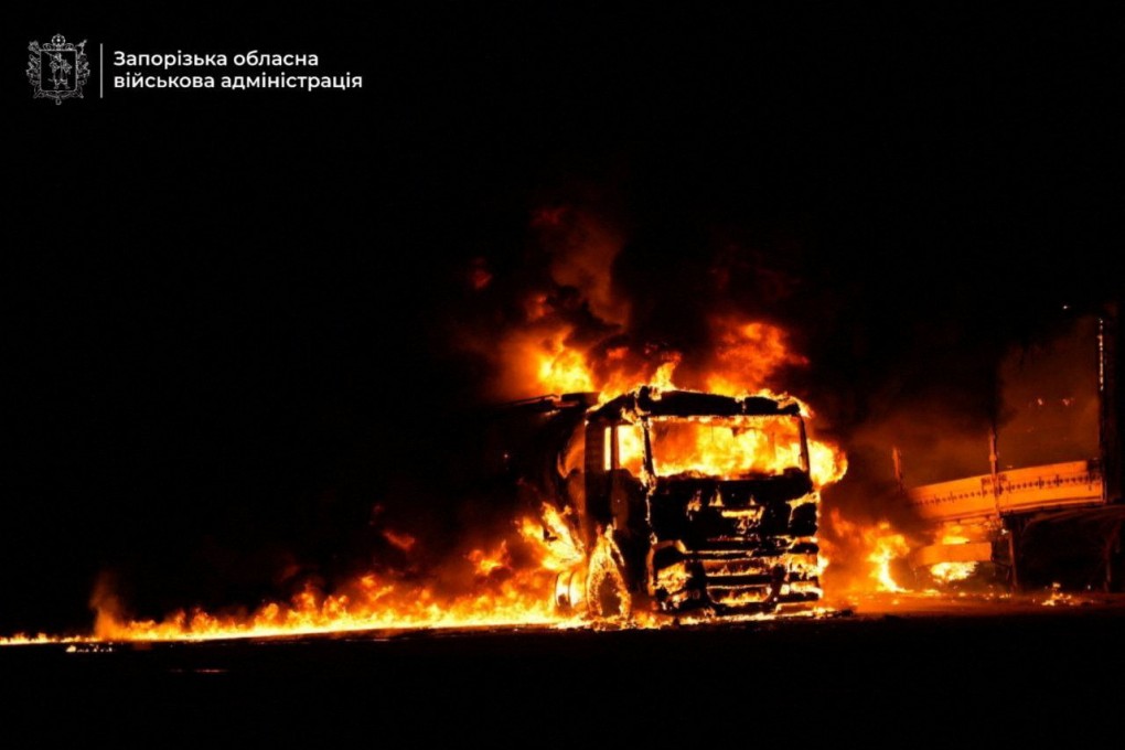 A truck burns on Tuesday at the site of a Russian missile strike in Zaporizhzhia, Ukraine. Photo: Handout via Reuters