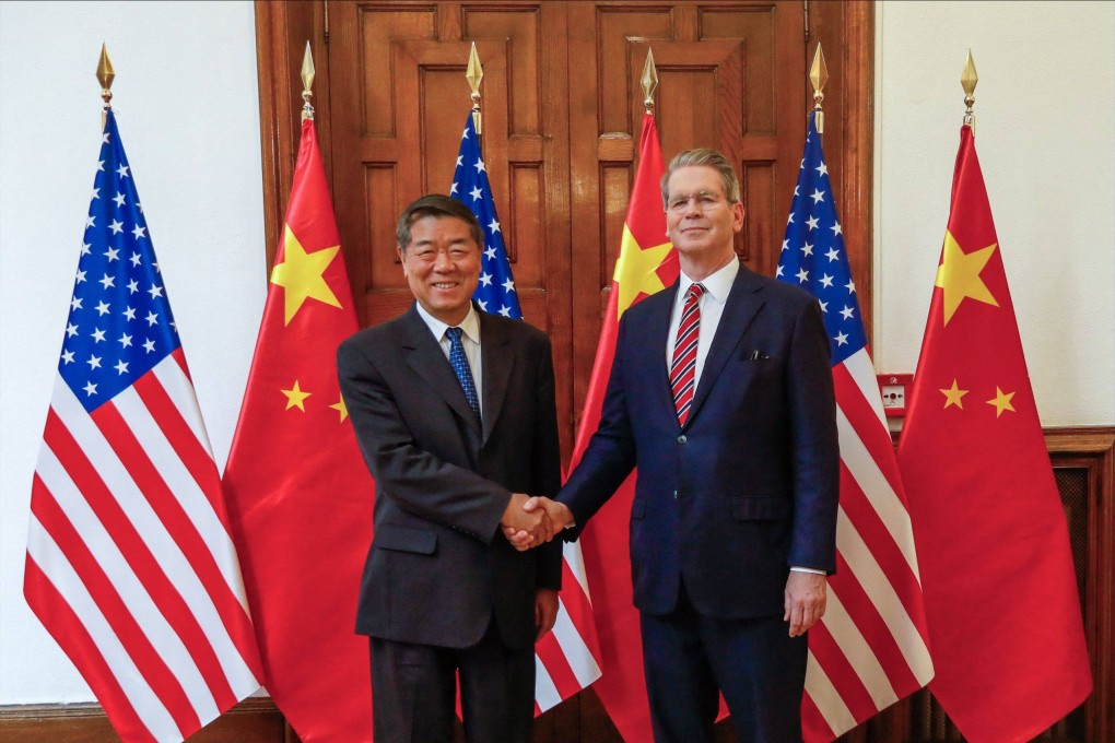 China’s Vice-Premier He Lifeng and US Treasury Secretary Scott Bessent in Madrid on Sunday, ahead of the latest round of trade talks. Photo: AFP