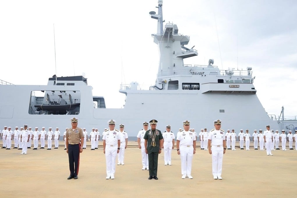 Philippine military chief Romeo Brawner Jnr (centre) stands alongside other officials and sailors at the launch ceremony of the BRP Diego Silang frigate on Monday. Photo: Facebook/PhilippineNavy