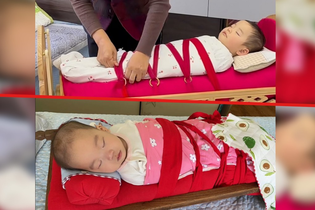 Some Inner Mongolian families bind infants in sand-filled cradles to mimic a mother’s embrace, a practice praised as part of China’s cultural heritage but criticised as “torture” by outsiders. Photo: SCMP composite/RedNote/QQ.com
