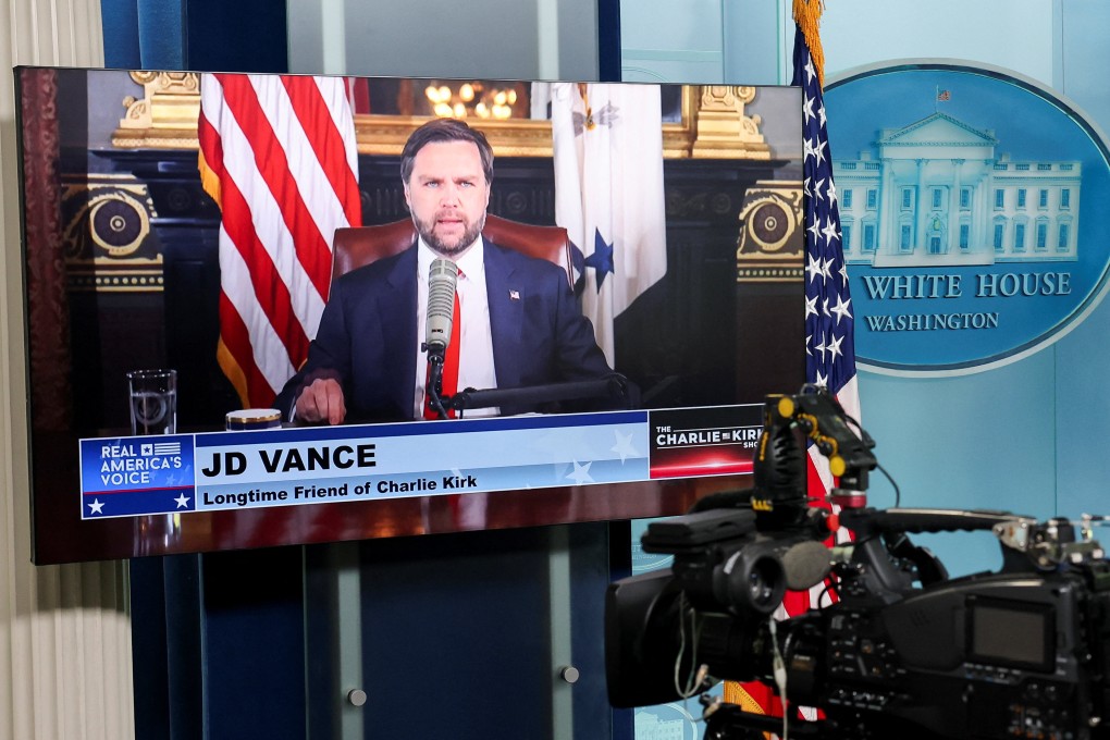 US Vice-President J.D. Vance appears on video monitors in the White House press briefing room on Monday as a guest presenter for the podcast of murdered right-wing influencer Charlie Kirk. Photo: Reuters