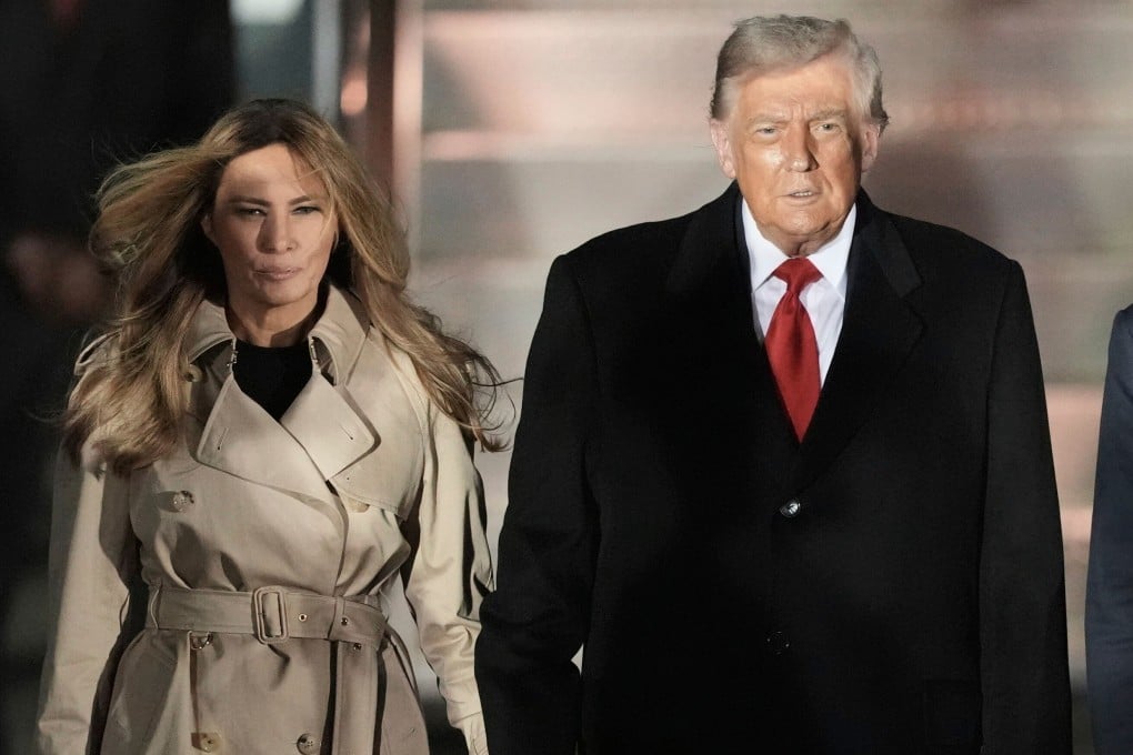 US President Donald Trump and first lady Melania Trump arrive at Stansted Airport near London on Tuesday. Photo: PA via AP