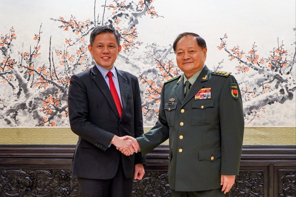 Singaporean Minister for Defence Chan Chun Sing meets Central Military Commission vice-chairman General Zhang Youxia at the Bayi Building in Beijing on Wednesday. Photo: Handout