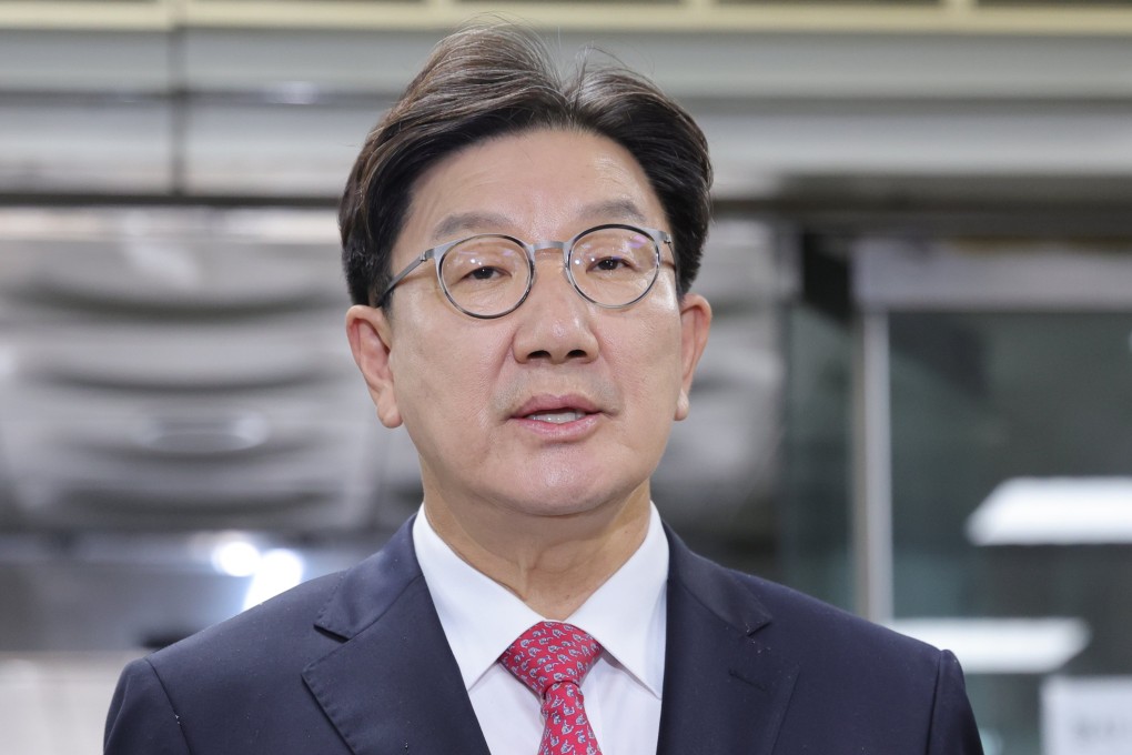 Kweon Seong-dong, a lawmaker of the main opposition People Power Party, speaks to reporters as he appears at the Seoul Central District Court on Tuesday. Photo: Yonhap/EPA