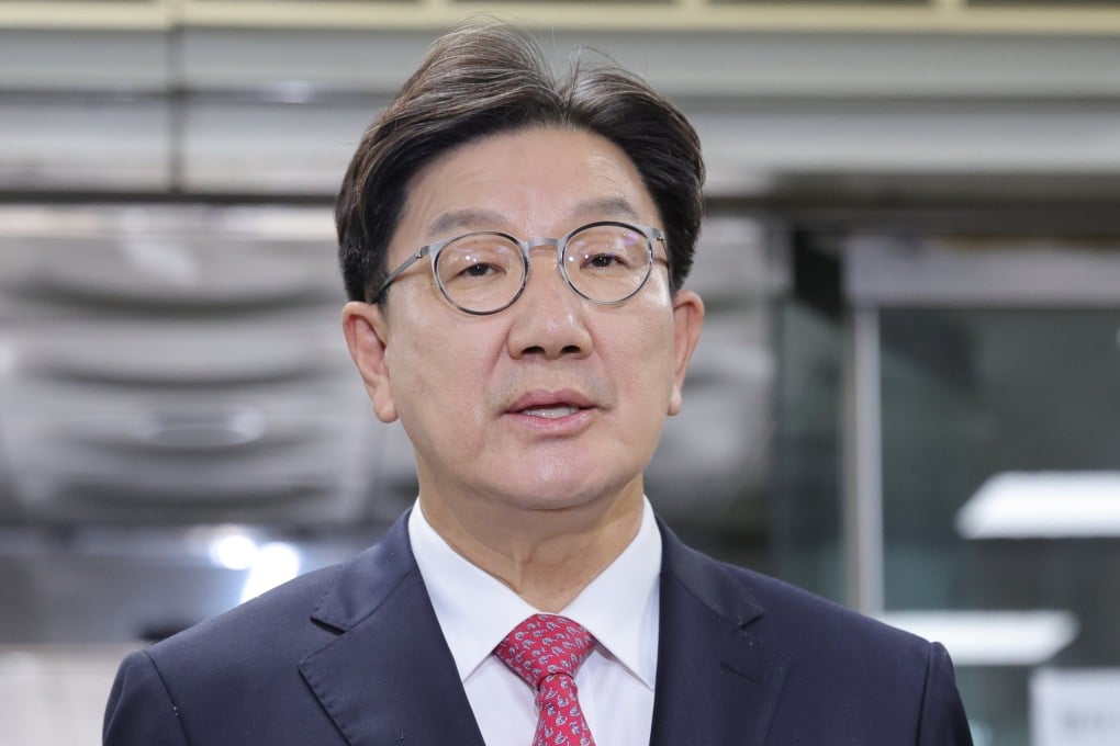 Kweon Seong-dong, a lawmaker of the main opposition People Power Party, speaks to reporters as he appears at the Seoul Central District Court on Tuesday. Photo: Yonhap/EPA
