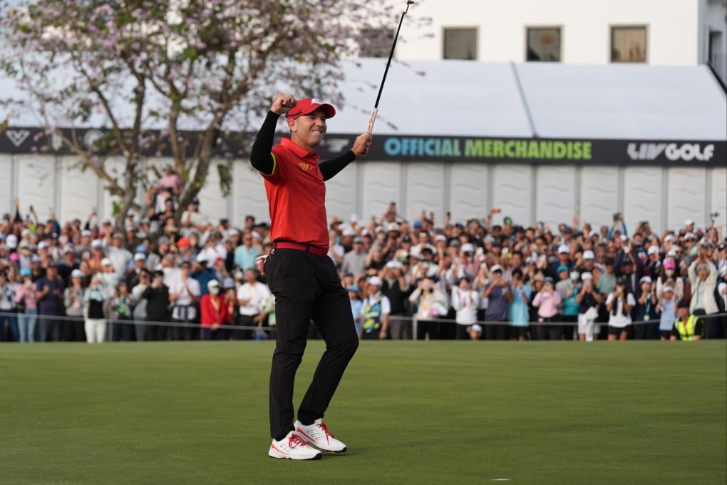 Fireballs captain Sergio Garcia celebrates winning the team and individual title on the 18th green after the final round of LIV Golf Hong Kong in March. Photo: Eugene Lee