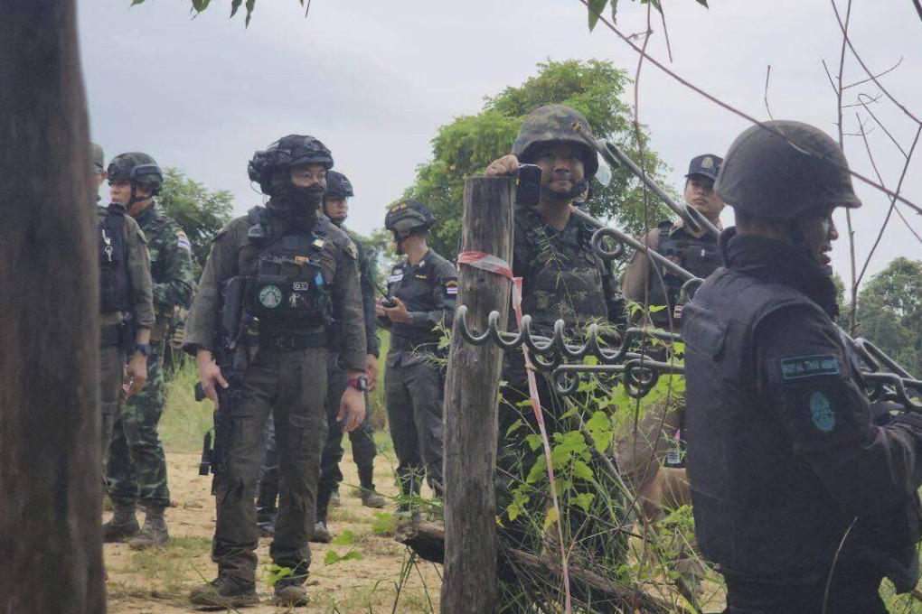 Thai soldiers gather in Prey Chan village near the disputed border with Cambodia on Wednesday. Photo: AKP via AP