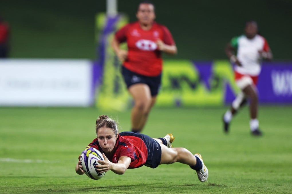 Hong Kong’s Sabay Lynam dives for the the ball during her side’s WXV 3 pool match against Madagascar at The Sevens Stadium in Dubai. Photo: World Rugby