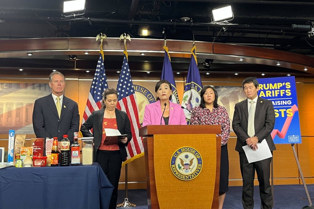 Grace Meng, chair of the Congressional Asian Pacific American Caucus, speaks with other members at a press conference about tariffs on Thursday on Capitol Hill. Photo: Bochen Han