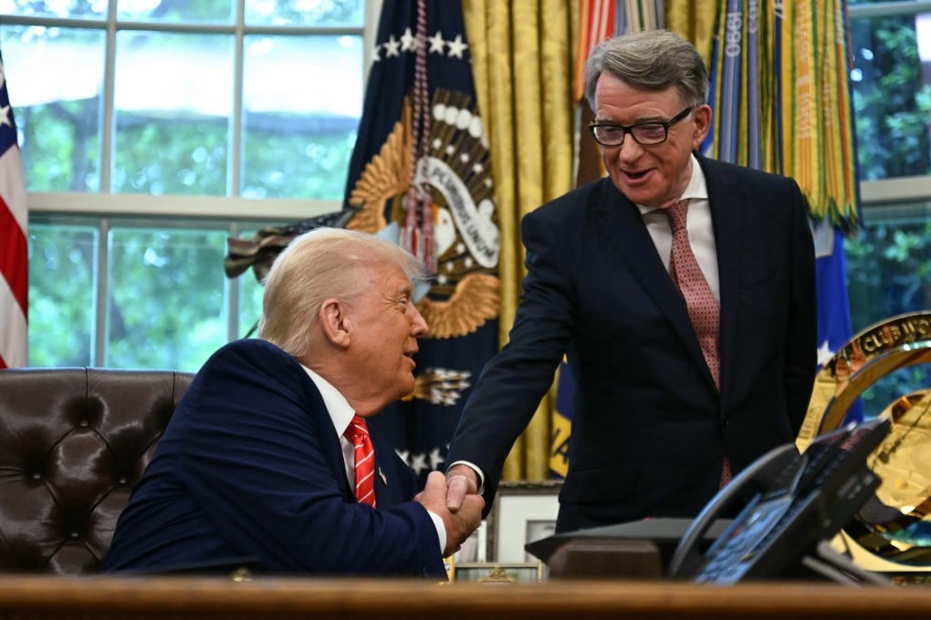 US President Donald Trump (left) shakes hands with British ambassador to the US Peter Mandelson in the Oval Office of the White House in Washington on May 8. Trump on Thursday claimed he did not know Mandelson, who was fired as US ambassador on September 11. Photo: AFP