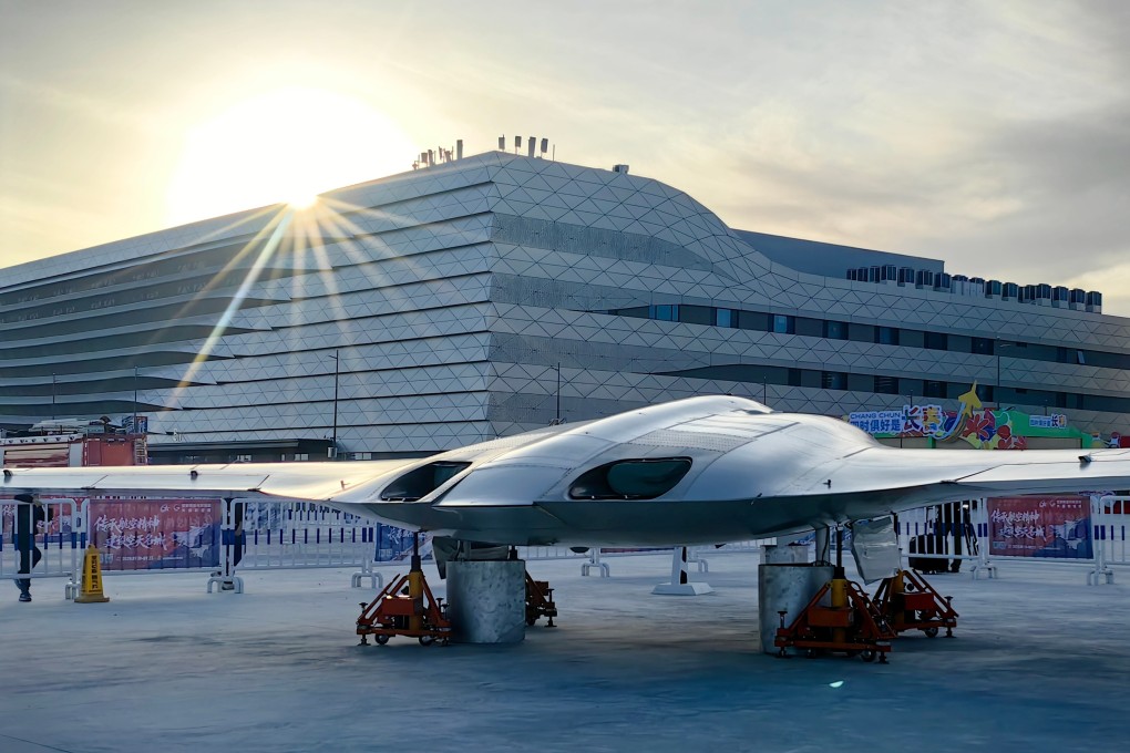 The Chinese Academy of Sciences’ new twin-engined flying-wing drone is on display at the Changchun air show. Photo: Weibo/ 单手搓核弹