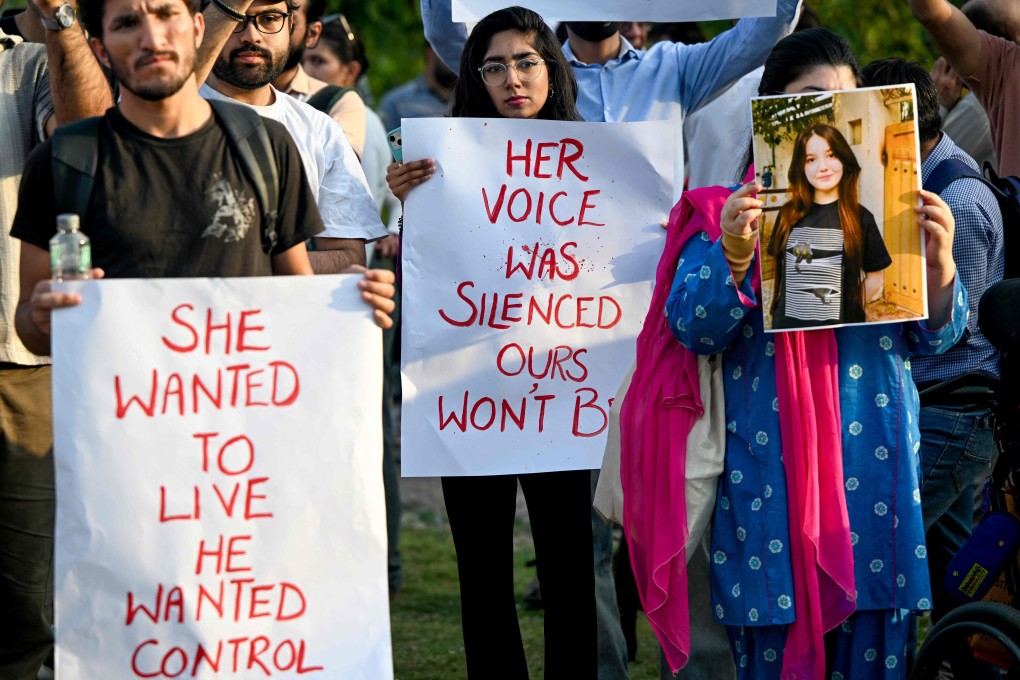 Demonstrators holding placards and a poster of TikTok star Sana Yousaf during a protest held to condemn violence against women on June 5, after Yousaf was killed for rejecting a man’s proposal in Islamabad. Photo: AFP