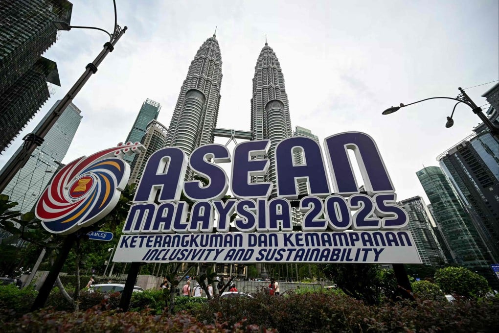 The logo of the Association of Southeast Asian Nations is pictured in front of Malaysia’s Petronas Twin Towers in Kuala Lumpur on May 15. Asean’s economic ministers meet on Tuesday to discuss their next steps, in a first meeting since US tariffs took effect last month. Photo: AFP