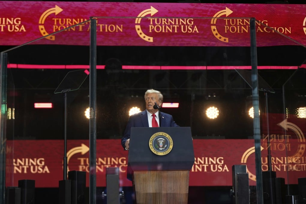 US President Donald Trump speaks at a memorial for conservative activist Charlie Kirk on Sunday at State Farm Stadium in Glendale, Arizona. Photo: AP