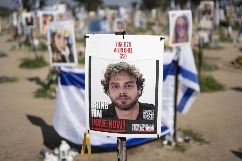 A poster depicting Israeli hostage Alon Ohel is displayed in Re’im, southern Israel, at the Gaza border in February 2024. Photo: AP