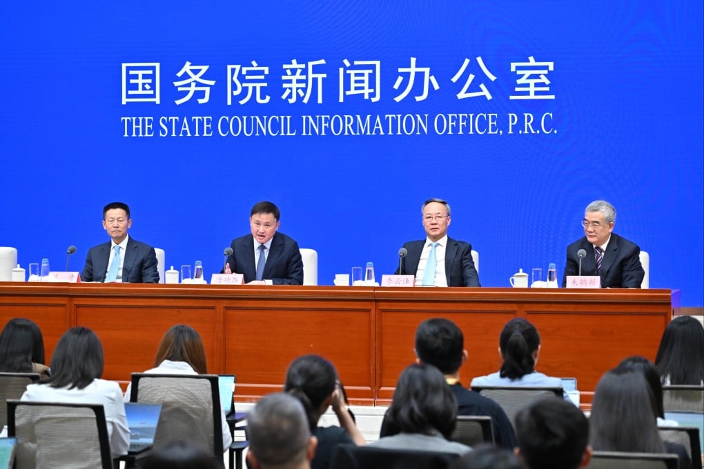 Pan Gongsheng, governor of the People’s Bank of China, and heads of the country’s top financial regulators held a press conference on Monday. Photo: Xinhua