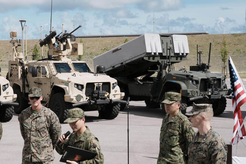 The Marine Air Defence Integrated System (left and centre), and the Navy-Marine Expeditionary Ship Interdiction System at a camp on Ishigaki in Okinawa deployed for the 2025 Resolute Dragon Japan-US joint drills. Photo: Kyodo