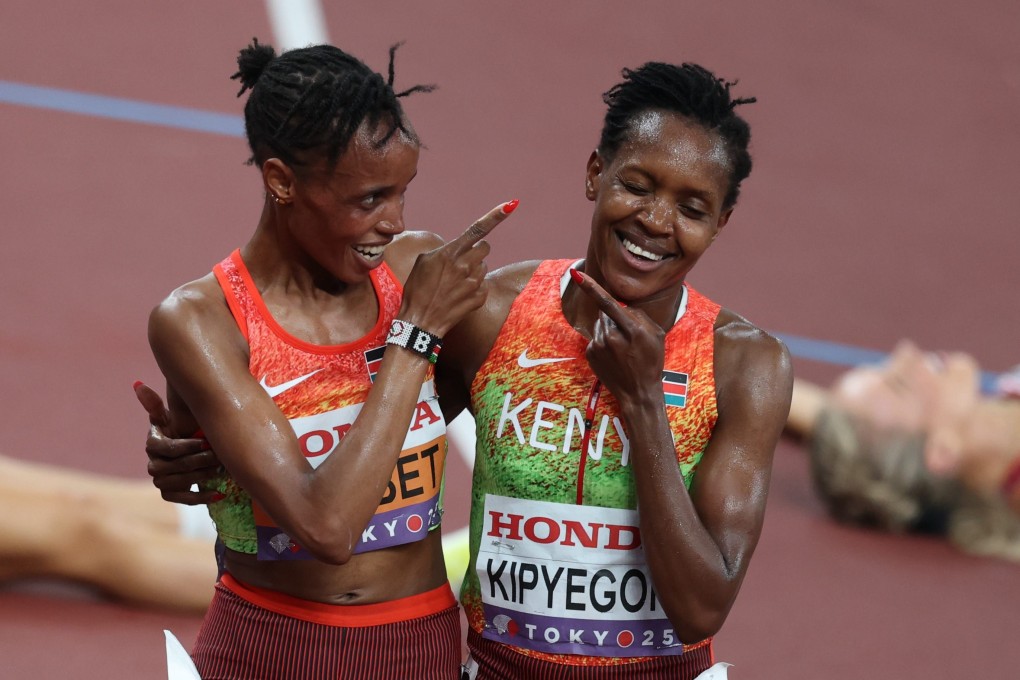 Kenya’s Beatrice Chebet (left) and Faith Kipyegon celebrate first and second place in the women’s 5000m at the World Athletics Championships Tokyo on Saturday. Photo: dpa