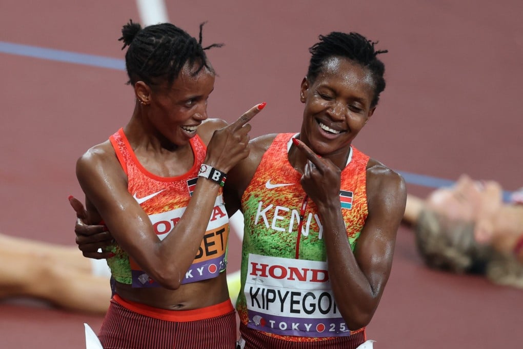 Kenya’s Beatrice Chebet (left) and Faith Kipyegon celebrate first and second place in the women’s 5000m at the World Athletics Championships Tokyo on Saturday. Photo: dpa