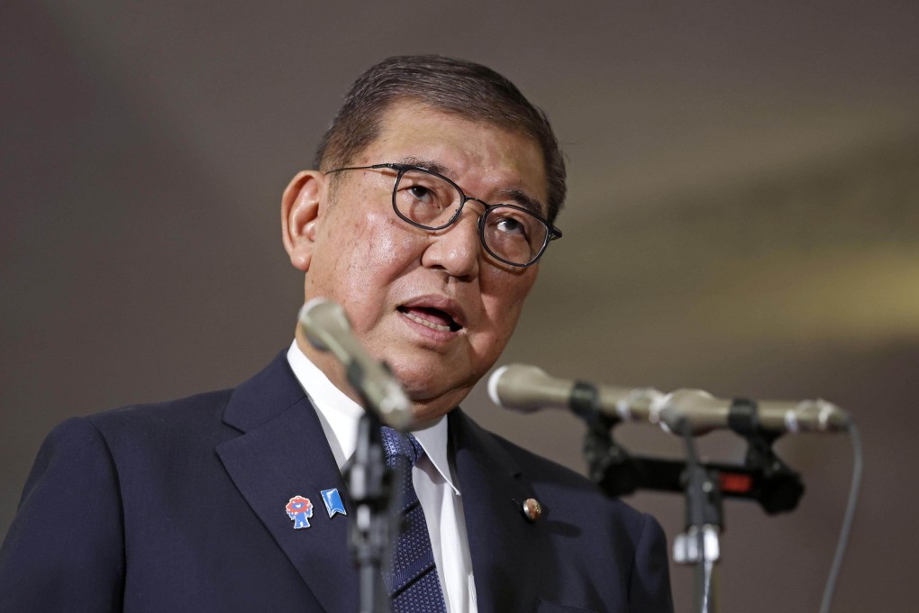 Japanese Prime Minister Shigeru Ishiba addresses the press at the prime minister’s official residence in Tokyo on Tuesday before flying to New York for a UN General Assembly meeting. Photo: Kyodo