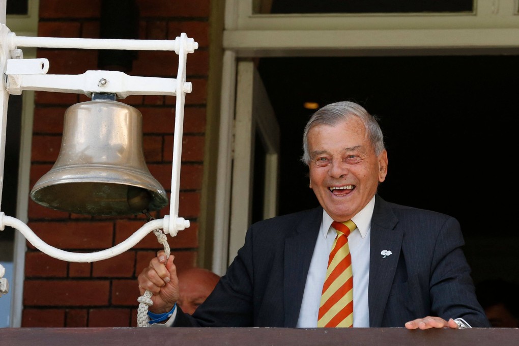 Retired umpire Dickie Bird rings the five minute bell during play on the first day of the first Test match between England and New Zealand at Lord’s on May 21, 2015. Photo: AFP