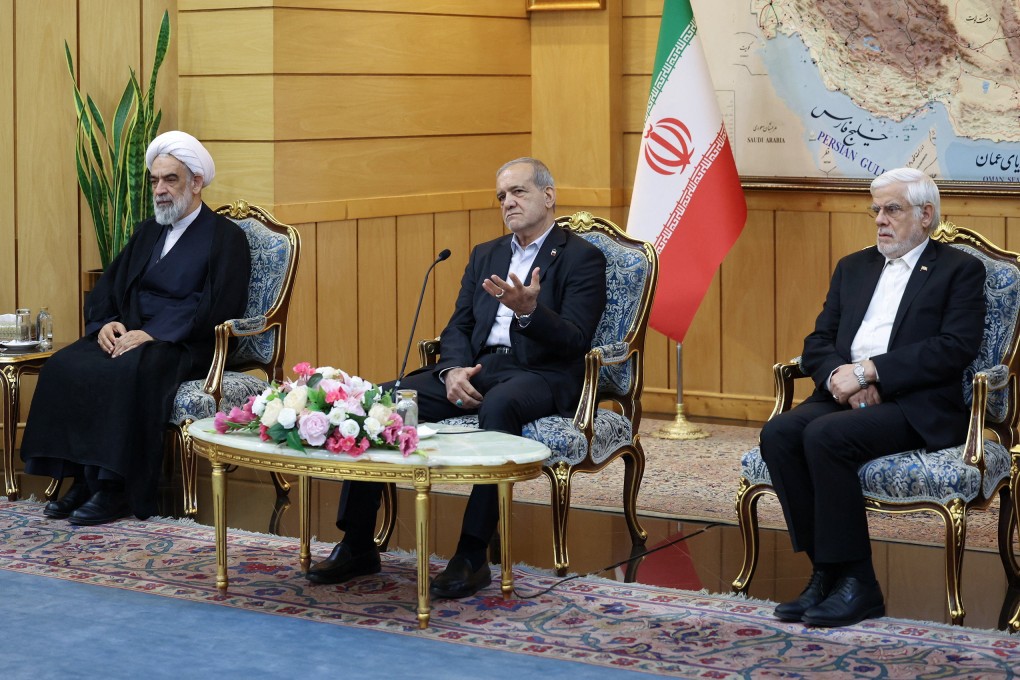 Iranian President Masoud Pezeshkian speaks before departing for New York, at Mehrabad Airport in Tehran, on Tuesday. Photo: Handout via Reuters