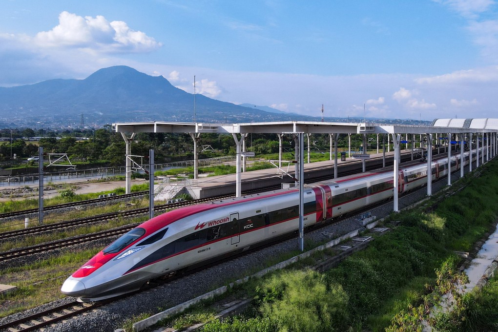 A train of the Jakarta-Bandung high-speed railway, locally known as Whoosh, leaving a station in Bandung in May. Photo: Xinhua