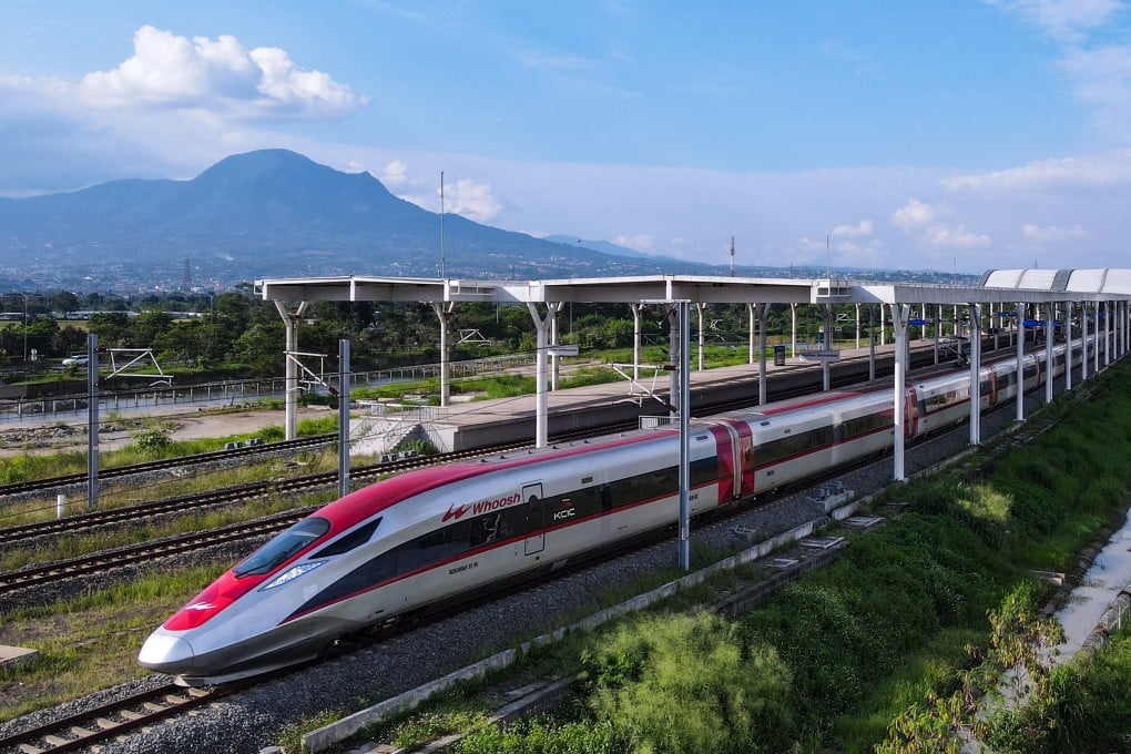 A train of the Jakarta-Bandung high-speed railway, locally known as Whoosh, leaving a station in Bandung in May. Photo: Xinhua