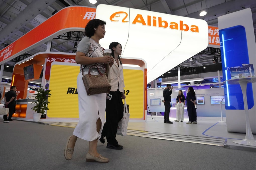Alibaba’s logo seen at a trade fair in Beijing. Photo: AP