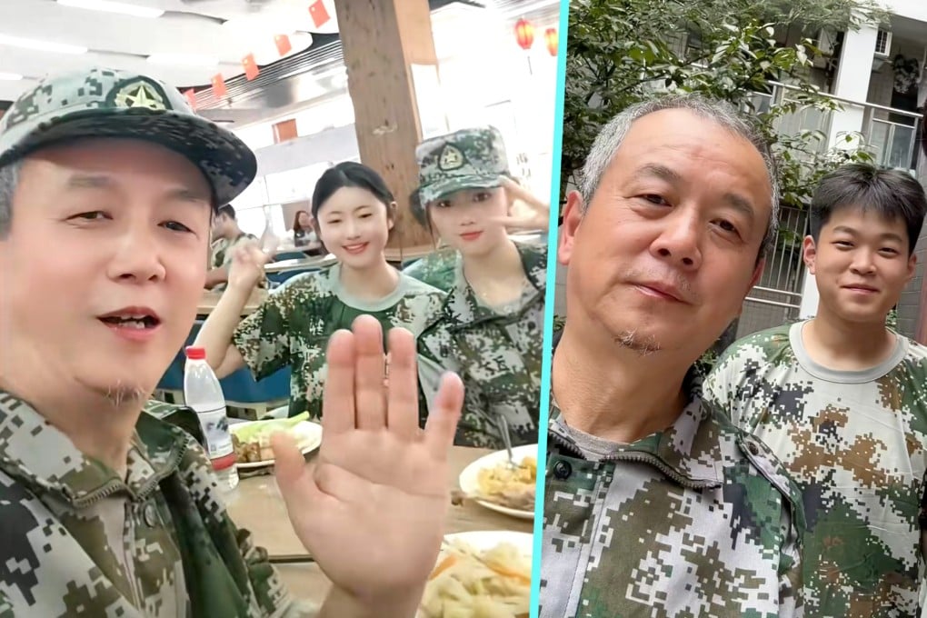 A 60-year-old man in China recently became a university freshman, gaining attention for doing military training. His wife plans to attend his parent-teacher meetings. Photo: SCMP composite/Douyin