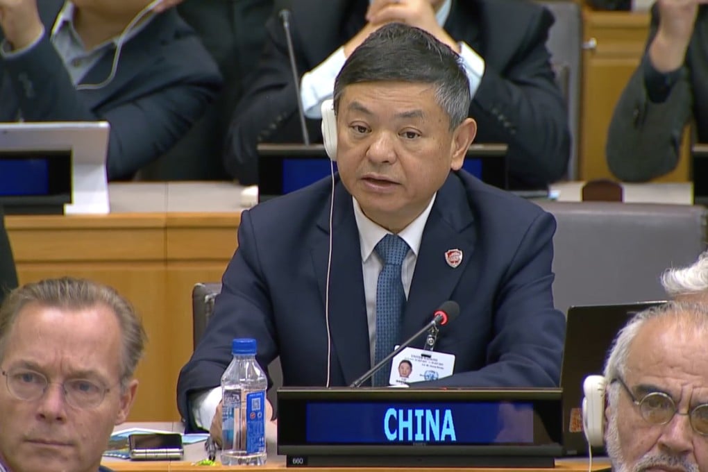 Huang Runqiu, China’s environment minister, at the UN General Assembly in New York on Tuesday. Photo: handout