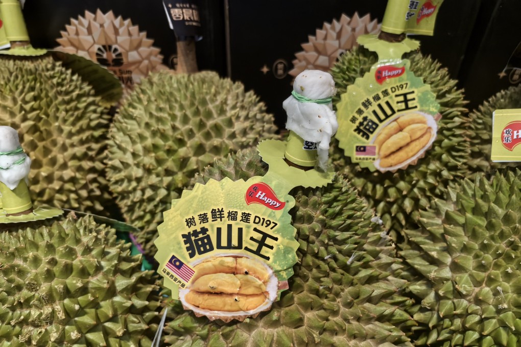 Fresh durians from Malaysia on display for sale at a supermarket in Zhengzhou, Henan, China. Photo: Xinhua
