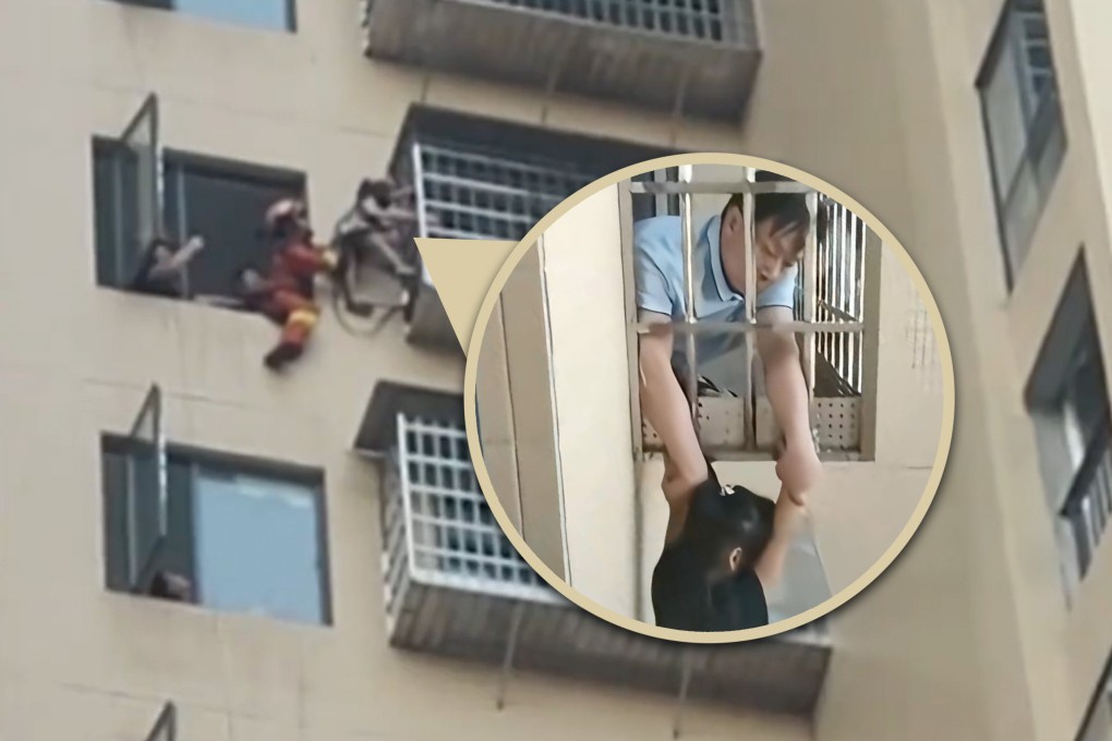 A four-year-old girl in China who fell from her 20th floor home was saved by a neighbour six floors below who grabbed her as she lay on an awning which had broken her fall. Photo: SCMP composite/Douyin
