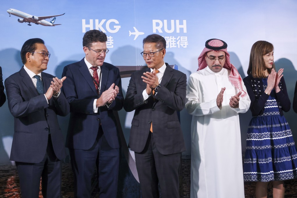 (From left to right) Legislative Council member Jeffrey Lam, Cathay Group chair Patrick Healy, Finance Secretary Paul Chan, Consul General of Saudi Arabia Hamad Aljebreen, and Cathay chief customer and commercial officer Lavina Lau attend the launch ceremony of Cathay’s Hong Kong-Riyadh route on October 28, 2024. Photo: Jonathan Wong