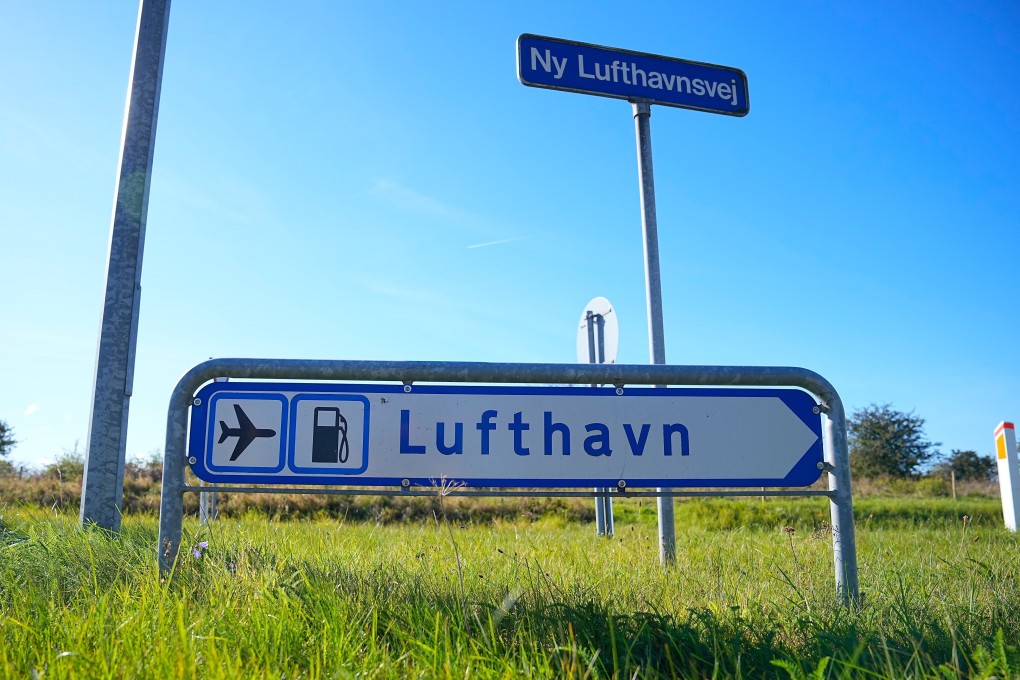 A sign near Aalborg Airport in Denmark on Thursday, after drones were observed on the airport and the airspace over the airport was closed. Photo: AP