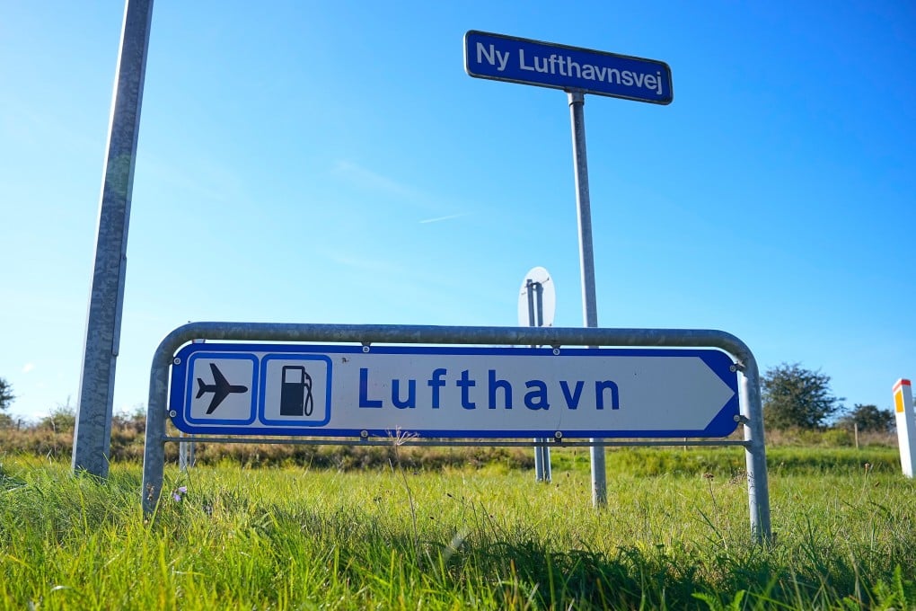 A sign near Aalborg Airport in Denmark on Thursday, after drones were observed on the airport and the airspace over the airport was closed. Photo: AP