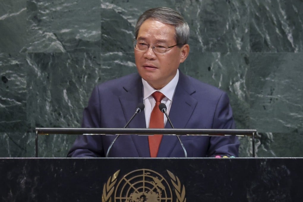 Chinese Premier Li Qiang speaks during the General Debate of the 80th session of the United Nations General Assembly on Friday. Photo: EPA