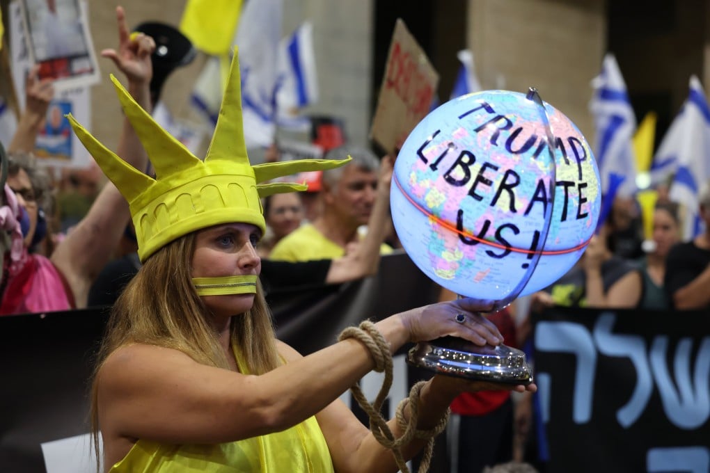 Supporters of Israeli hostages held in Gaza demonstrate at the Ben Gurion Airport, near Tel Aviv, Israel, on Wednesday. Photo: EPA
