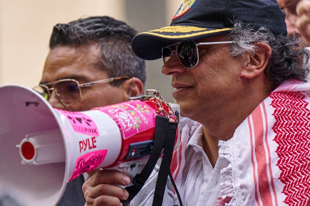 Colombian President Gustavo Petro addresses pro-Palestinian demonstrators outside the UN headquarters in New York on Friday. Photo: Reuters