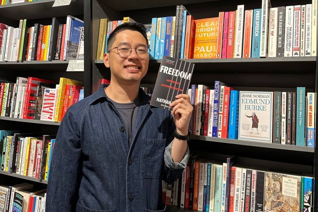 Former Hong Kong legislator and pro-democracy activist Nathan Law promoting his book, “Freedom: How We Lose It and How We Fight Back”, at a bookstore. Photo: Handout