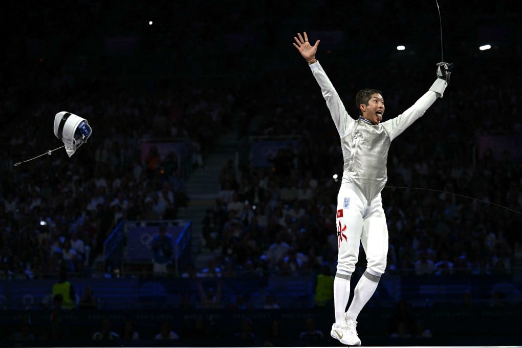 Hong Kong’s Cheung Ka-long celebrates after winning gold in men’s individual foil at the Paris Olympics. Photo: AFP