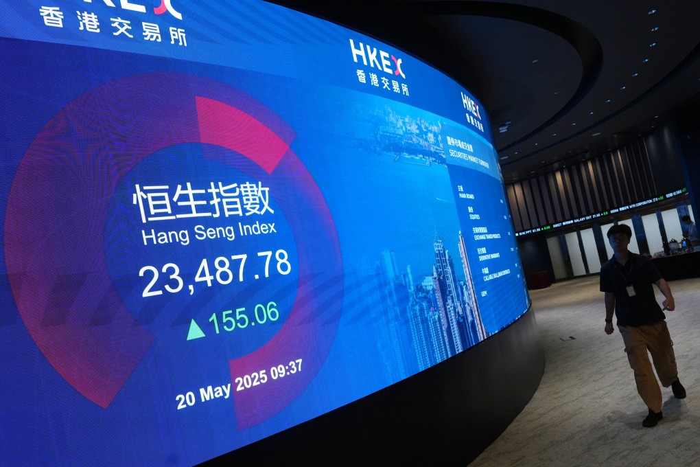 A screen shows the Hang Seng Index at Hong Kong Exchanges and Clearing’s Connect Hall in Central on May 20, 2025. Photo: Sun Yeung