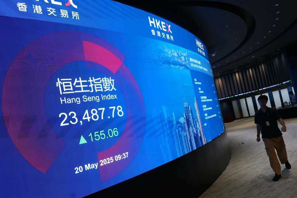 A screen shows the Hang Seng Index at Hong Kong Exchanges and Clearing’s Connect Hall in Central on May 20, 2025. Photo: Sun Yeung
