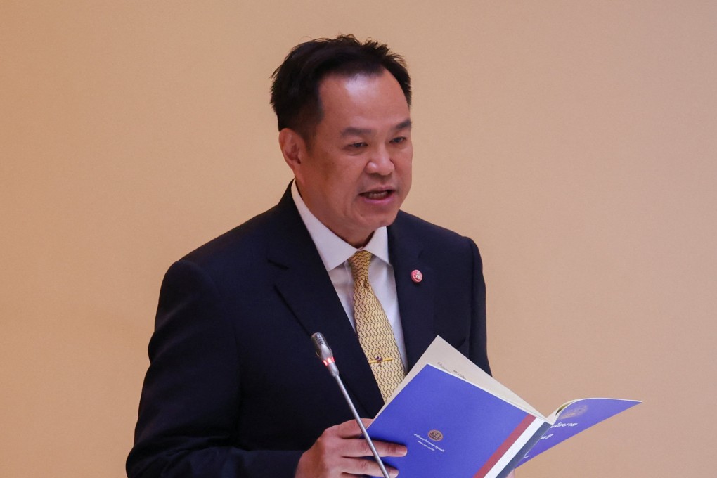 Thailand’s Prime Minister Anutin Charnvirakul delivers the policy statements to the parliament in Bangkok on Monday. Photo: Reuters