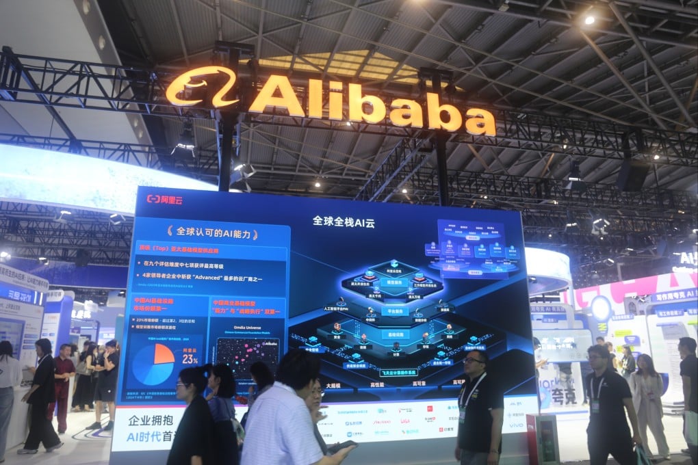 Visitors view an Alibaba display at the 2025 WAIC World Artificial Intelligence Conference in Shanghai on July 26, 2025. Photo: NurPhoto via Getty Images